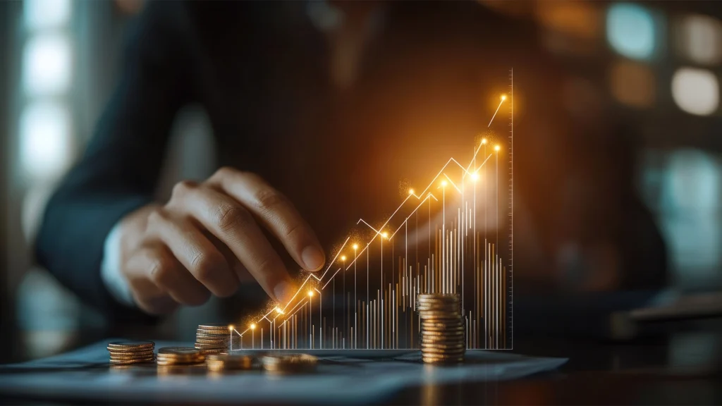 Executivo de terno interagindo com gráfico digital de crescimento